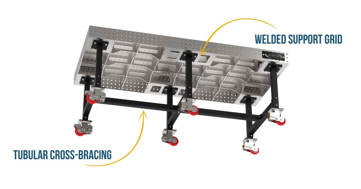 underside of welding table showing welded support grid and tubular cross bracing for stability