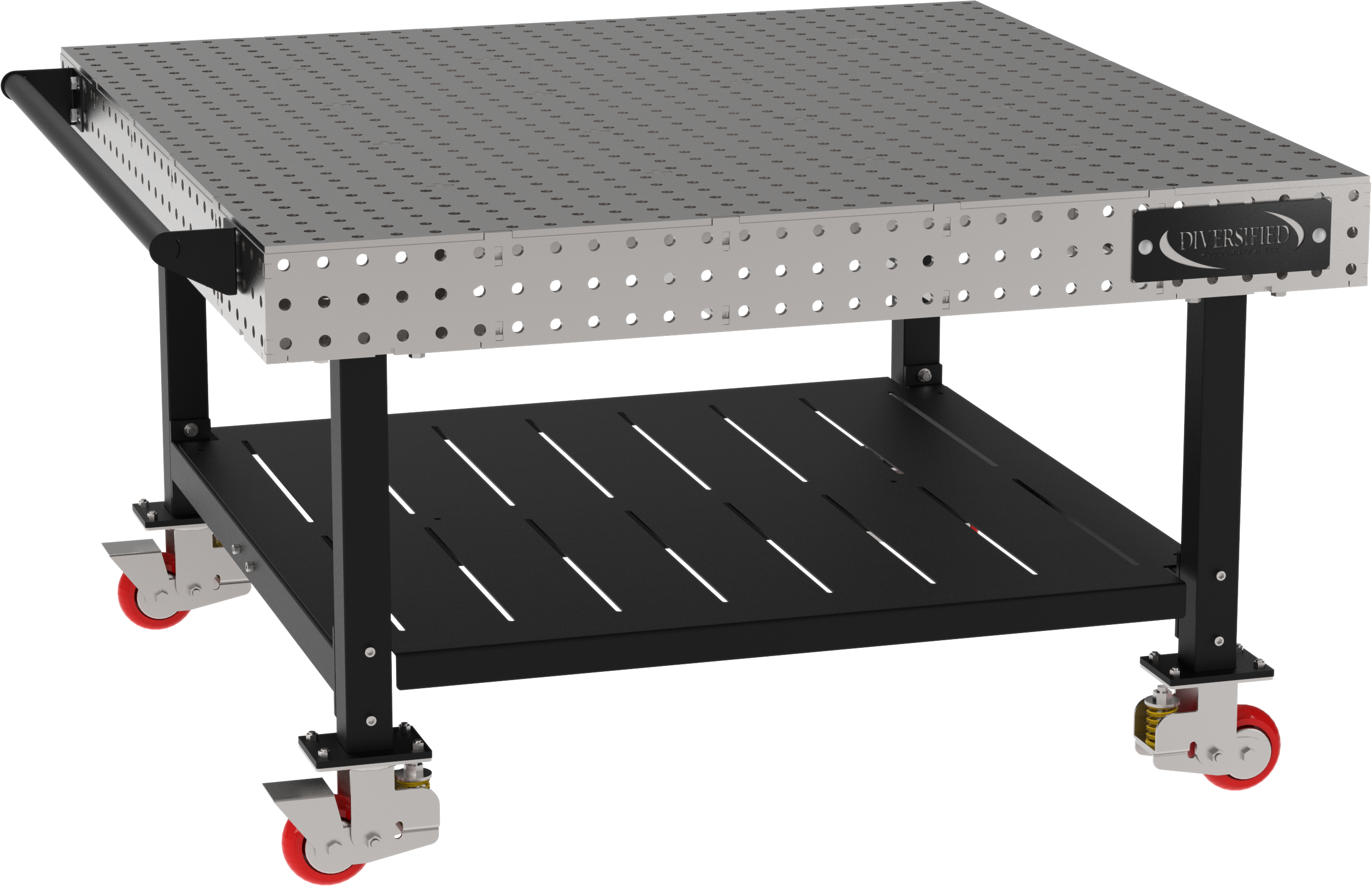 welding fixture table featuring flat, carbon steel surface with precision holes heavy-duty black frame, and locking red casters