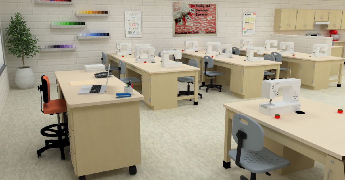 FACS classroom rendering featuring sewing tables