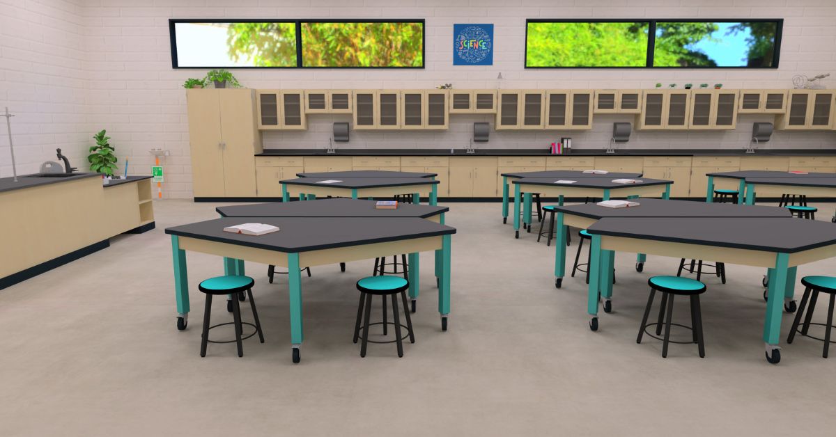 Science Lab Modern science lab with hexagon-shaped lab tables on casters, black countertops, teal table legs, and matching stools. The room features ample cabinetry, large windows, and organized storage for lab equipment.
