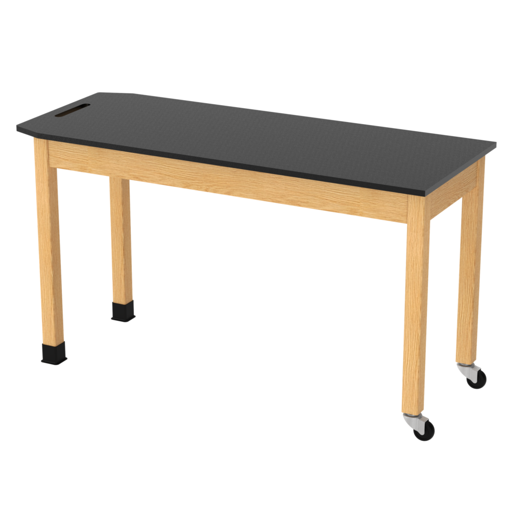 fabrication prep table with smooth, flat worksurface, heavy-duty black frame, lower shelf and swivel locking casters