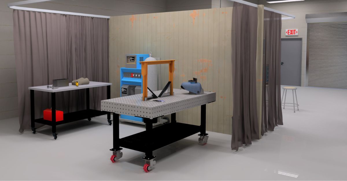 welding classroom setup with welding tables, fixture tools and protective curtain diviers for safe student practice