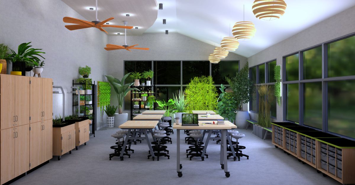 side view of steam classroom with biophilic design