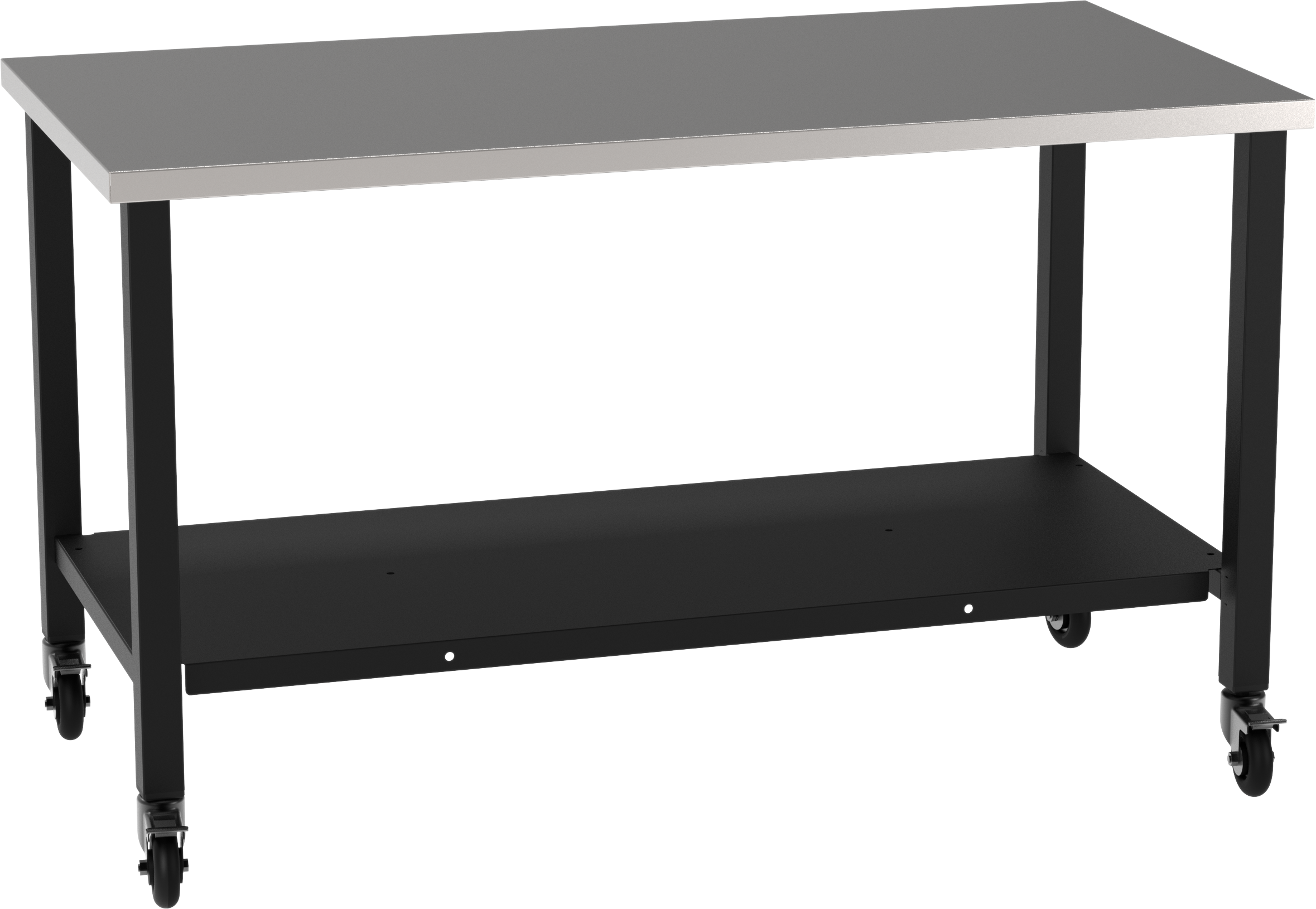 fabrication prep table with smooth, flat worksurface, heavy-duty black frame, lower shelf and swivel locking casters
