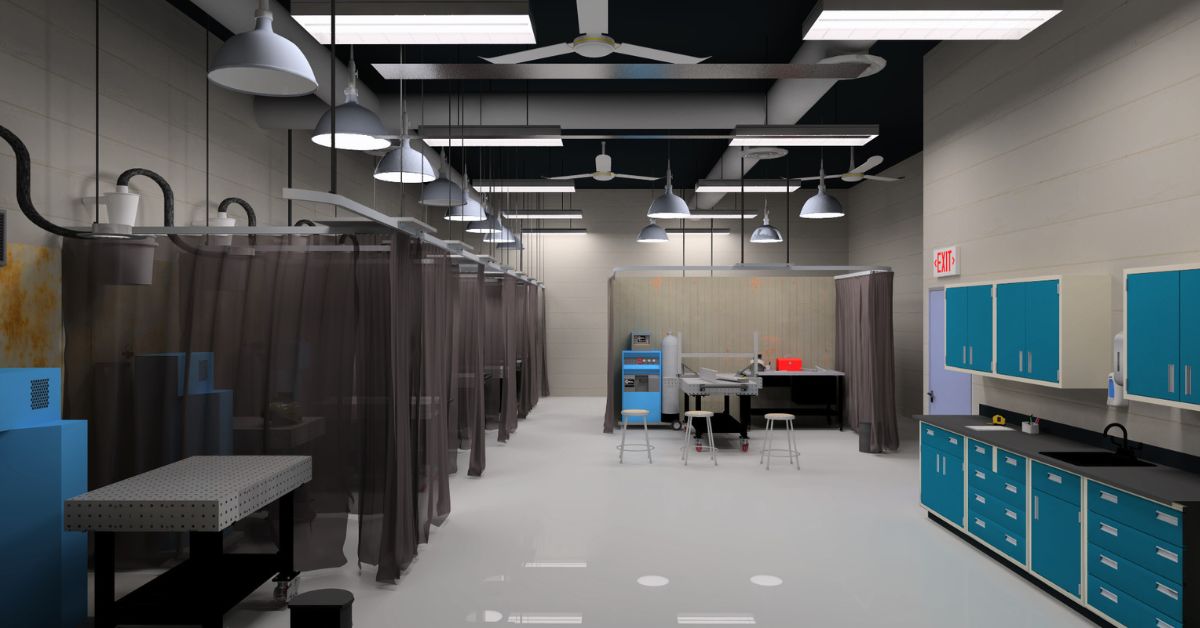 wide view of welding lab with multiple welding bays, overhead ventilation and safety equipment