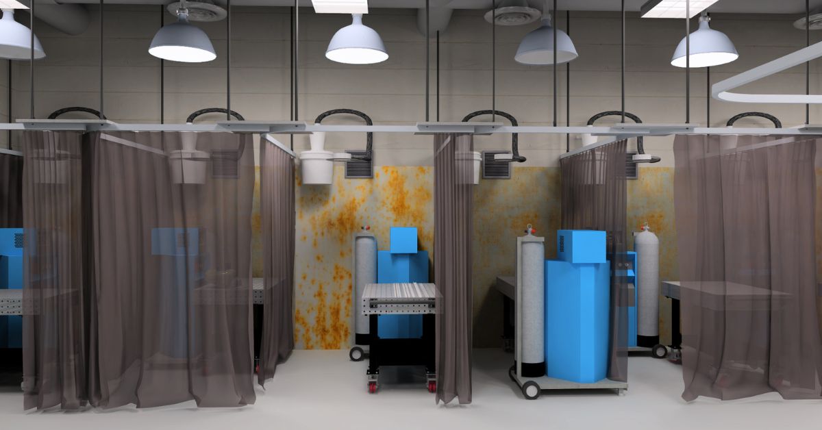 row of welding bays with tables, gas tanks and safety curtains in a school welding lab